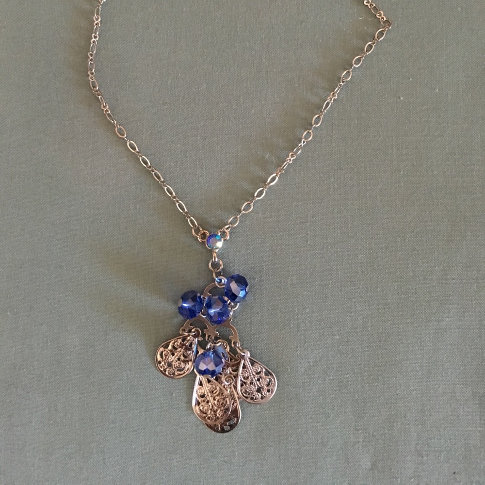 NEW blue beads and silver charm dangle necklace